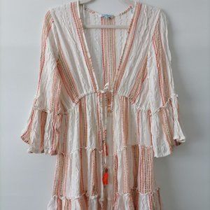 Blue Island Womens Multicolor Bell Sleeve Tiered Tasseled Beach Cover Up Size S